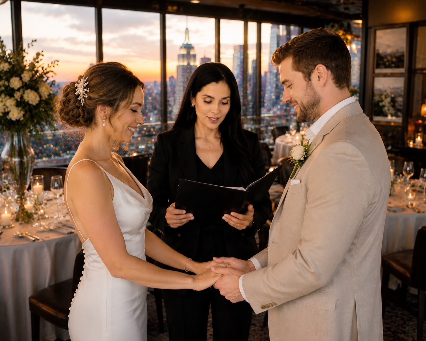Ceremonia de matrimonio íntima en restaurante de Nueva York con oficiante