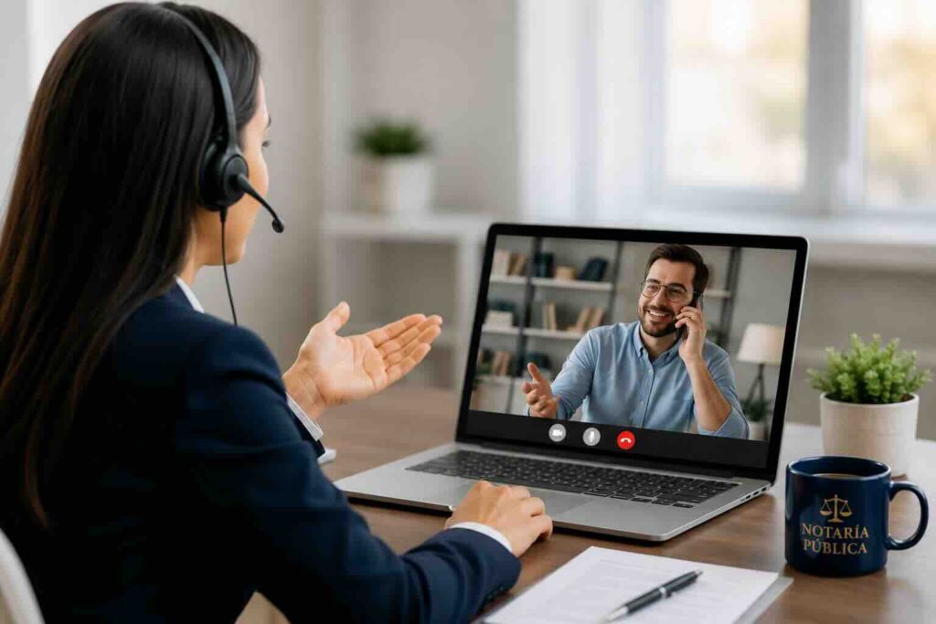 Asesora de notaría pública atendiendo a un cliente por videollamada desde su portátil.