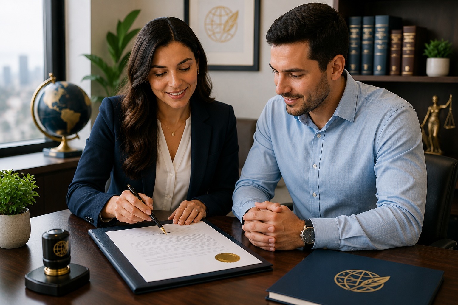 Notaria firmando un poder notarial con sello dorado junto a un cliente — carta poder válida en más de 120 países.